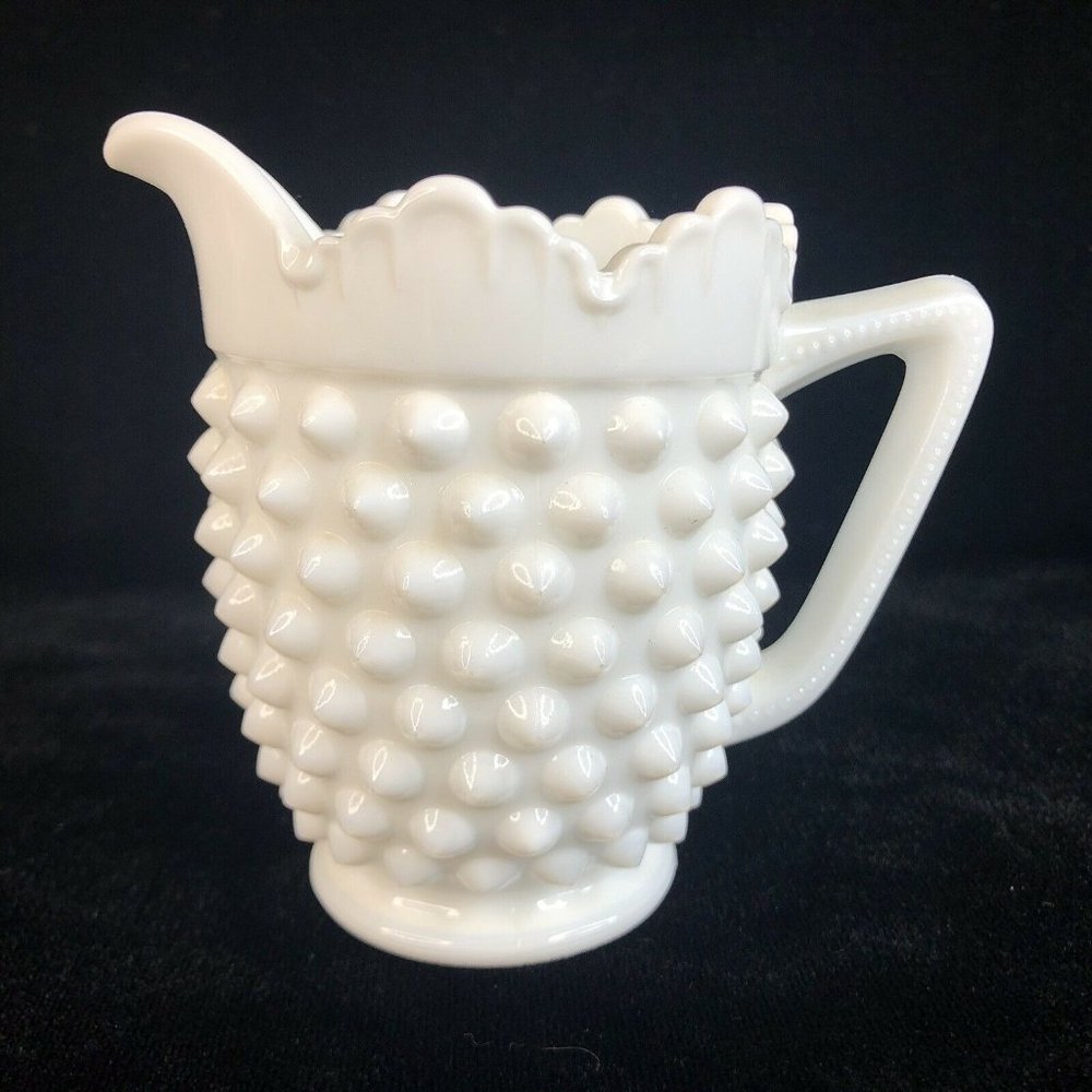Fenton White Hobnail Milk Glass Creamer Pitcher 4” Tall 8 Ounce Scalloped VTG